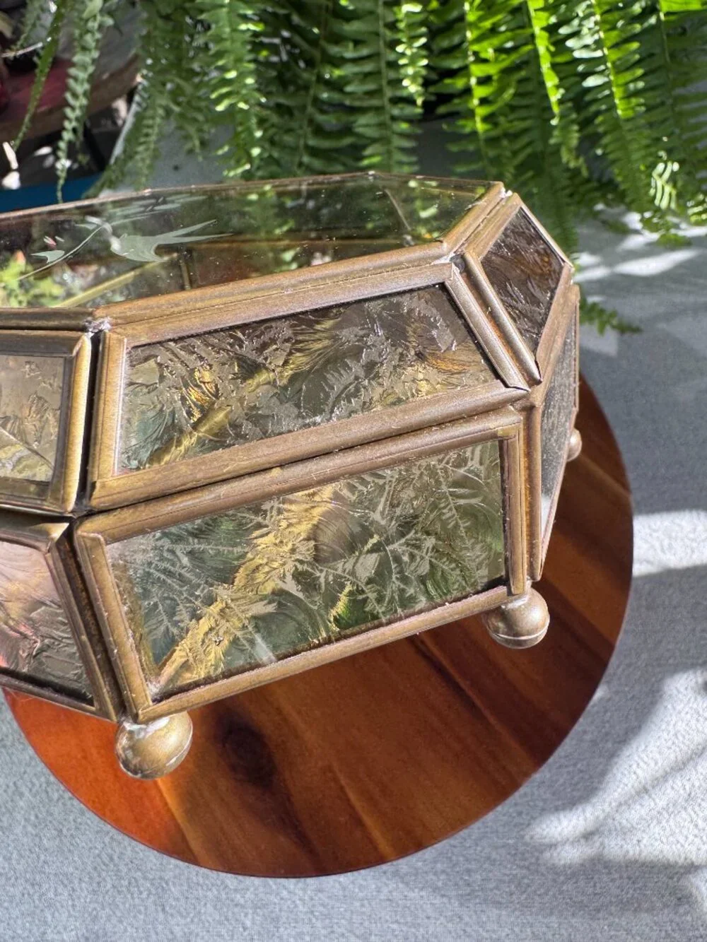 Vintage Etched Glass & Brass Jewellery Box – Hummingbird & Floral Design